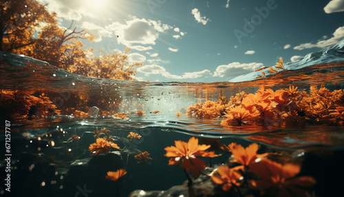 Tranquil scene underwater fish reflect sunset on tranquil pond generated by AI