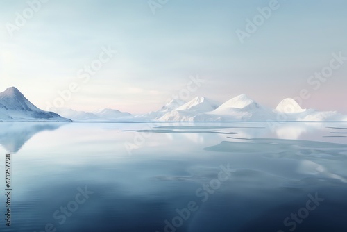 a body of water with snow covered mountains