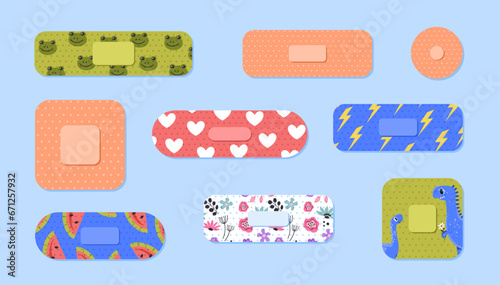 Set of plasters. Medical blisters for injuries. Stop bleeding and protect skin. Medical exuipment and bandages, patches. Cartoon flat vector collection isolated on blue background