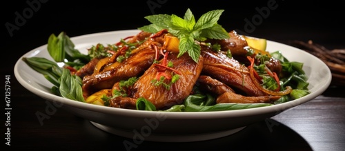 A newly prepared plate of Thai cuisine featuring crispy duck cooked with fragrant sweet basil