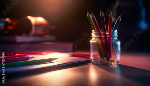 Creative artist desk colorful still life of drink and paper generated by AI