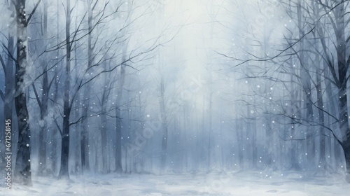  a painting of a snowy forest with snow falling off the trees and snow falling off the ground in the foreground.  generative ai