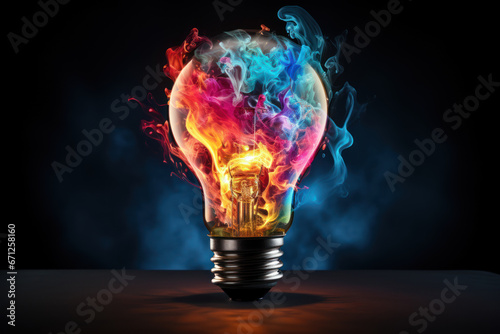 A creative light bulb bursts with colorful paint, creating a visually striking explosion against a dark background. Generative Ai.