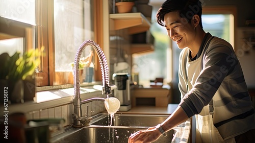 Close-up shot of a man happily washing dishes in a sunlit kitchen 