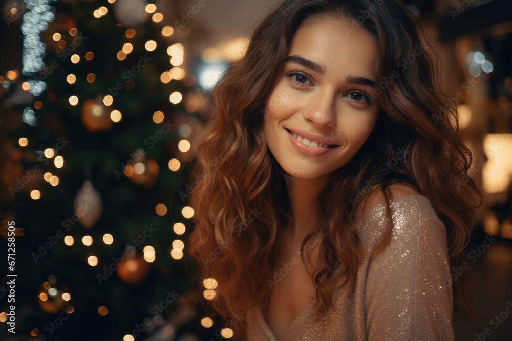 beautiful young woman. christmas mood. blurred backgorund.