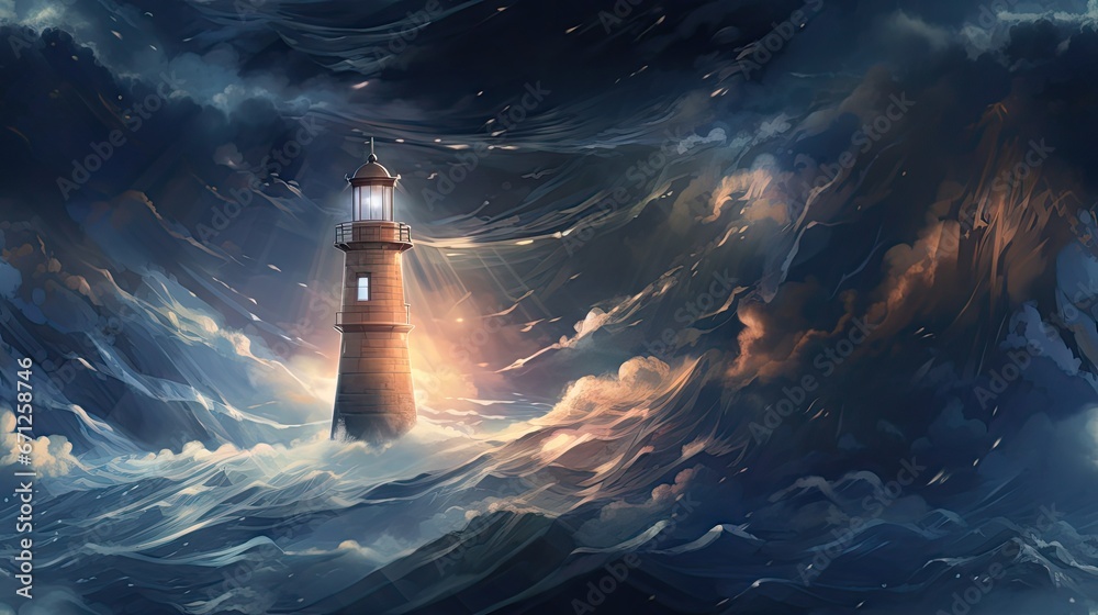  a painting of a lighthouse in the middle of a stormy sea with a bright light coming from the top of it.  generative ai