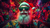 A psychedelic Santa takes a selfy in a surreal den between gigs. Casually dressed in colorful suit