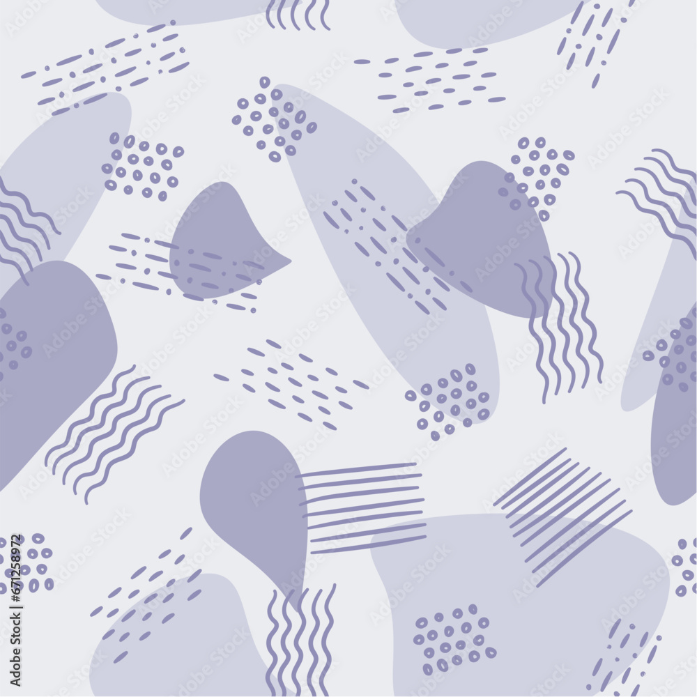 Purple background from drawn spots, stripes and dots. Abstract backdrop. Pastel seamless pattern. Doodle dotted and wave lines for wallpaper. Print from strokes and shapes. Vector illustration.