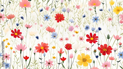  a field full of different colored flowers on a white background with a red, yellow, and blue flower in the middle. generative ai