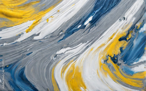 Abstract acrylic paint background in blue, grey, white and yellow tones. Fragment of artwork. Generative AI