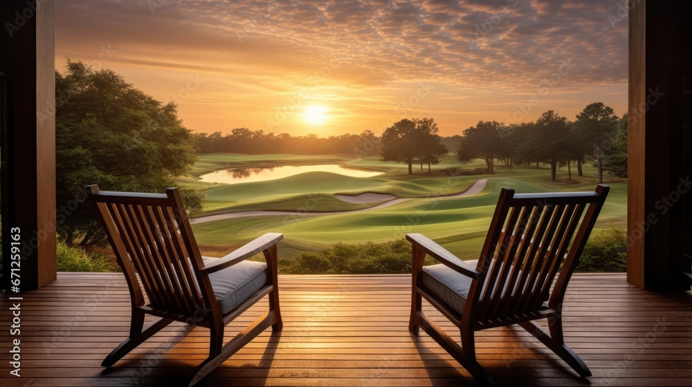 Obraz premium wooden veranda at a resort with two armchairs and tranquil sunrise view over the golf course 