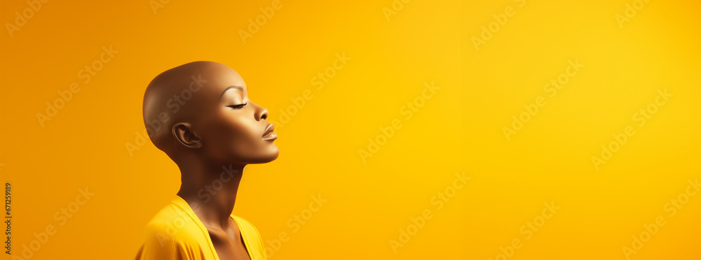 bald African American woman illness cancer on yellow background with copyspace  - obrazy, fototapety, plakaty 
