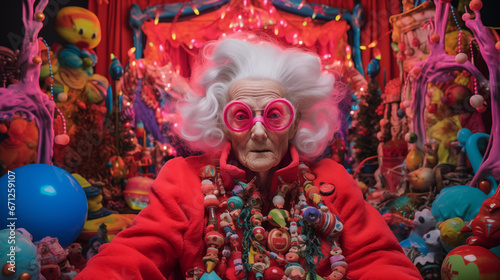 Mrs Santa Claus is taking a break. Older woman, wild white hair wearing pink sunglasses red coat and adorned with a neckless of costume jewelry   photo