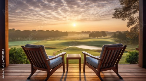 wooden veranda at a resort with two armchairs and tranquil sunrise view over the golf course 