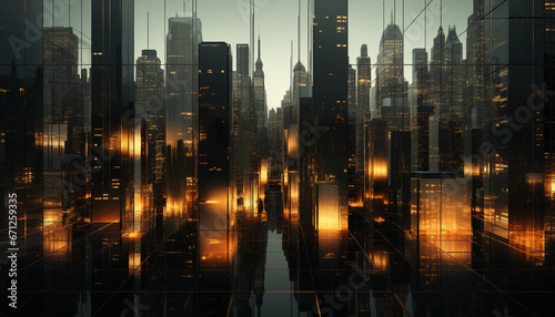 Skyscraper cityscape at night  architecture illuminates urban skyline in dusk generated by AI