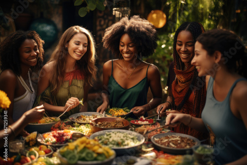 A group of friends from various cultural backgrounds come together for a global food festival  savoring dishes from around the world and cherishing culinary diversity. Generative Ai.