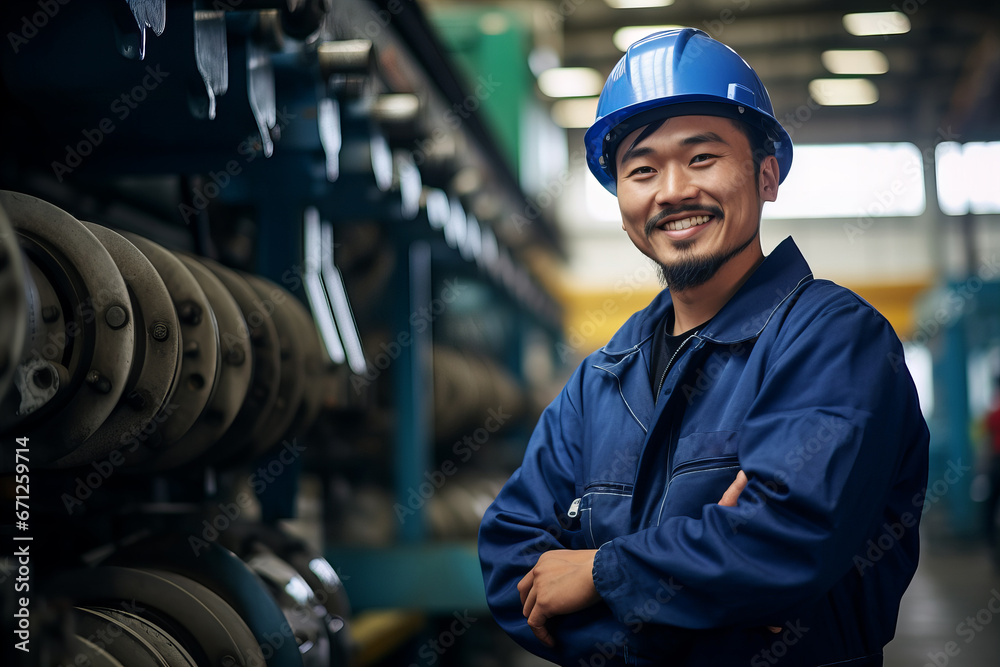 Smiling Young Asian Factory Worker with Crossed Arms and Blue Helmet Smiling Young Asian Factory Worker with Crossed Arms and Blue Helmet