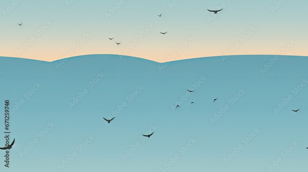  a flock of birds flying over the top of a large hill in the middle of a blue and orange sky.  generative ai