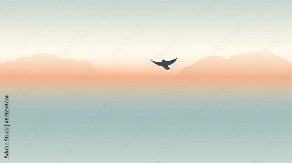  a bird flying in the sky over a body of water with a mountain range in the distance in the background.  generative ai