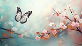  a painting of a butterfly sitting on a branch of a tree with pink and white flowers in the foreground.  generative ai