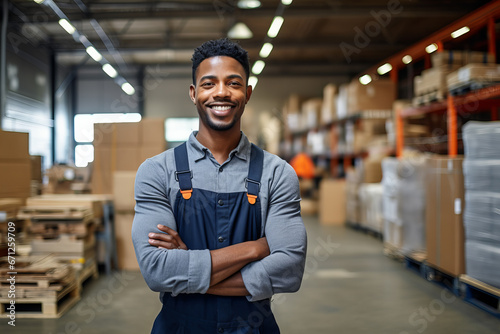 Young Black Warehouse Worker or Supervisor with Crossed Arms and a Slight Smile