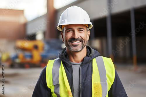 Happy Construction Laborer in Safety Gear with White Hard Hat at Construction Site