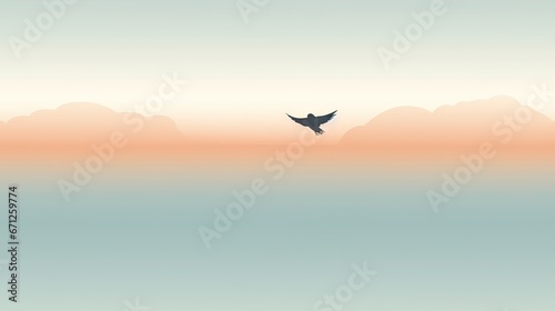  a bird flying in the sky over a body of water with a mountain range in the distance in the background. generative ai