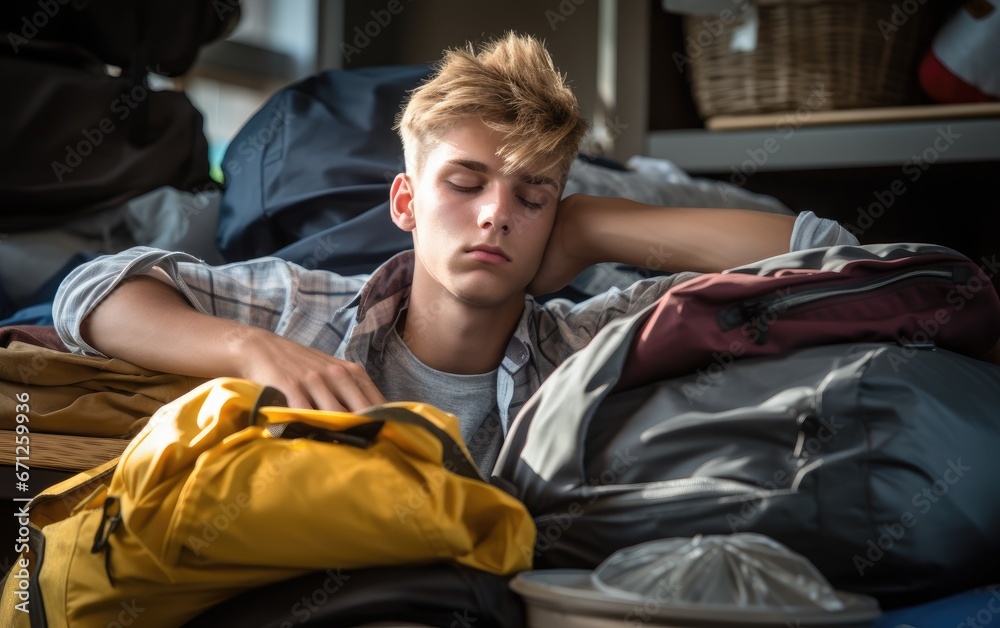 A male college freshman is resting from packing his things and stuffs to preparing moving into his university dormitory