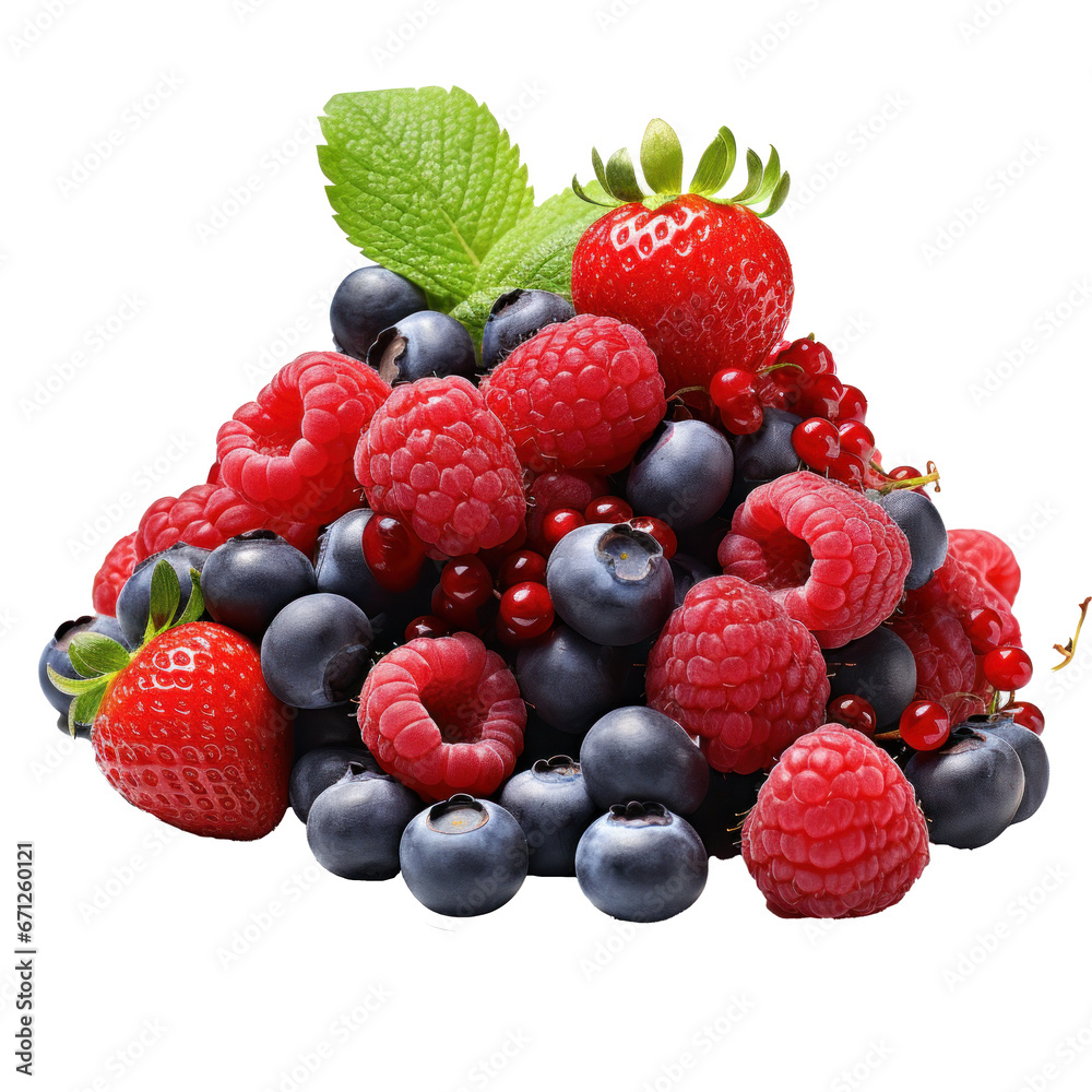 a mound of strawberries, raspberries, blueberries and mint, isolated