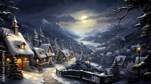 a painting of a snowy village at night with a full moon in the sky and snow covered mountains in the background.  generative ai © Olga