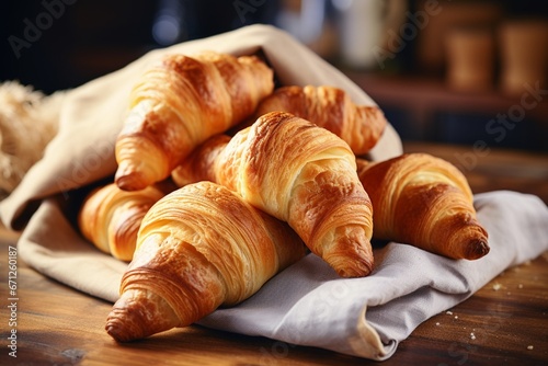Artistic Representation of Croissants on a Wooden Table in Soft Focus photo