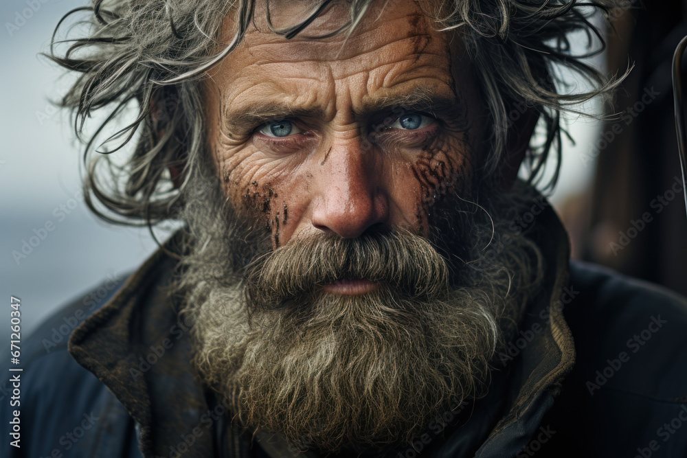 A seasoned sailor, his face weathered by the sea, embodies a lifetime of maritime adventures, showcasing the rugged beauty of a life at sea. Generative Ai. A seasoned sailor, his face weathered by the sea, embodies a lifetime of maritime adventures, showcasing the rugged beauty of a life at sea. Generative Ai.