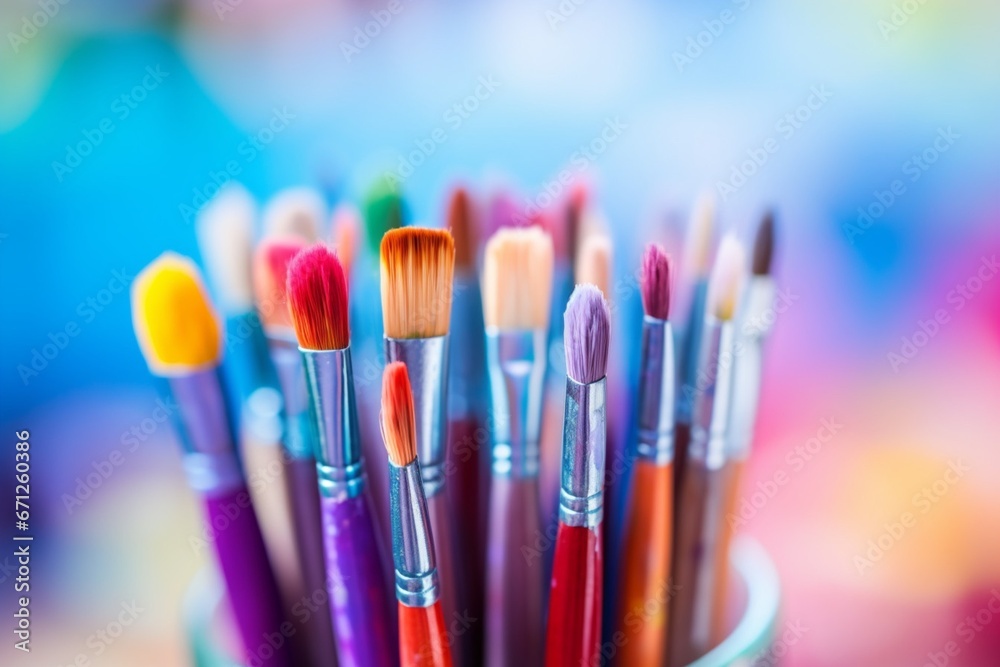 Breathtaking Display of Colorful Brushes in a Glass Cup with Vibrant Palette Breathtaking Display of Colorful Brushes in a Glass Cup with Vibrant Palette