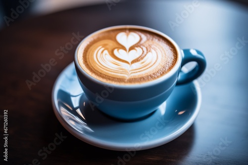 Heart Drawn Cappuccino in a Vibrant Blue Cup
