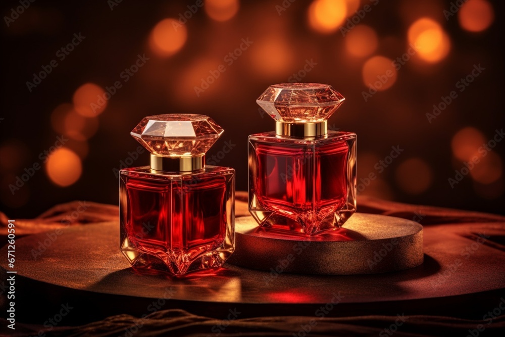 Luxurious Red Perfume Bottles on Dark Background with Glimmering Light Effects