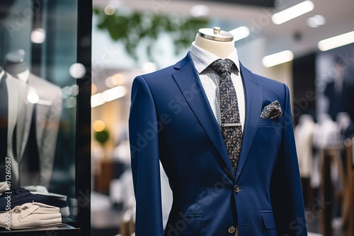 Luxurious Navy Blue Suit Displayed in Showroom with Selective Focus photo