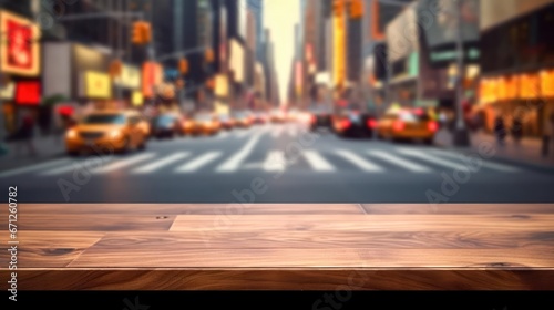 The empty wooden table top with blur background of NYC street Exuberant image generative AI 