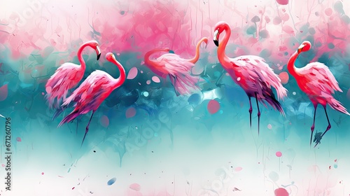  three pink flamingos standing next to each other in front of a blue and pink background with drops of paint. generative ai