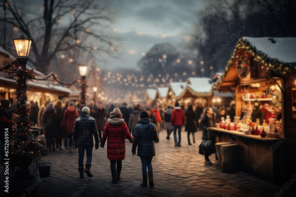 A festive Christmas market bustling with vendors, colorful stalls, and joyful shoppers, capturing the spirit of holiday cheer. Generative Ai.