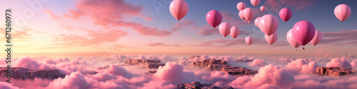 A group of hot air balloons floating in pink sky. Pink clouds.
