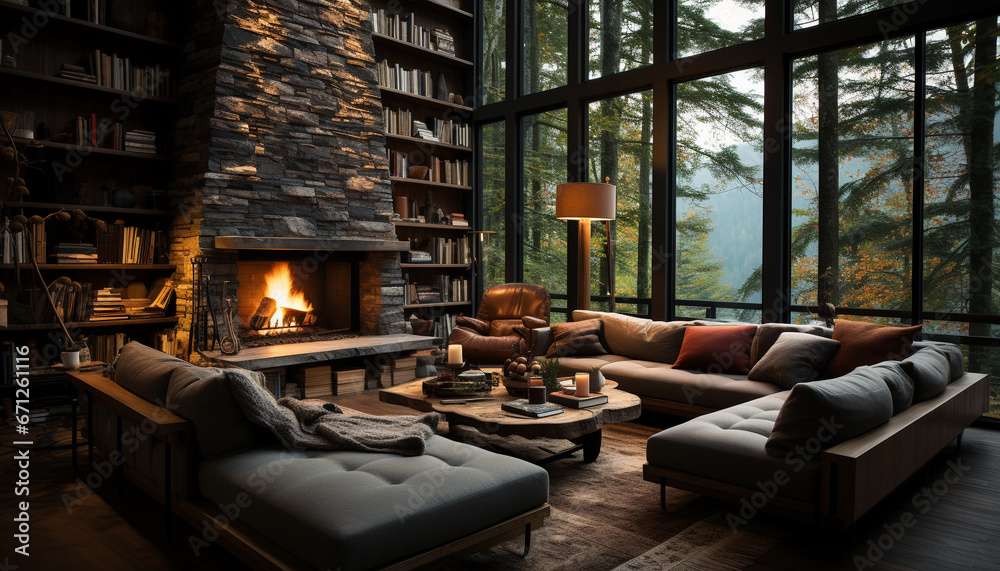 Cozy modern living room with comfortable sofa, book, and luxury decor generated by AI Cozy modern living room with comfortable sofa, book, and luxury decor generated by AI