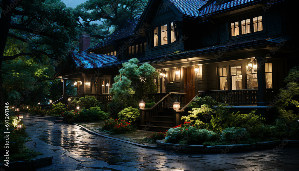 Obraz premium Illuminated architecture reflects in nature dark, summer twilight generated by AI