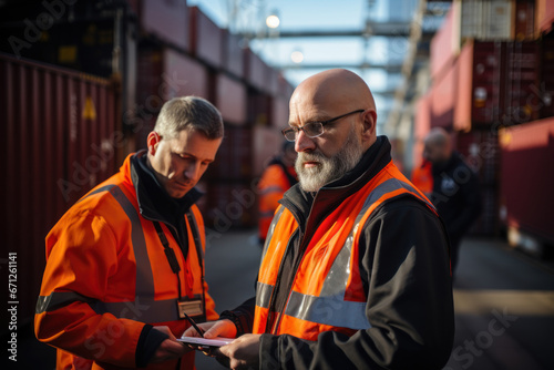 Customs officers inspecting containers at a busy international port, enforcing trade regulations. Concept of customs inspection. Generative Ai. photo