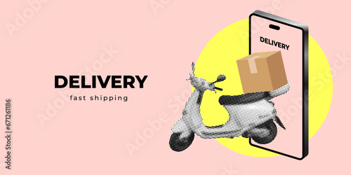 Delivery by scooter. Box delivery by moped. Online order via app. Modern collage. Halftone design elements. Delivery trunk on back side of scooter. Fast shipping concept. Order via mobile phone