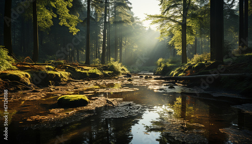 Tranquil scene nature beauty reflected in a peaceful forest pond generated by AI © djvstock