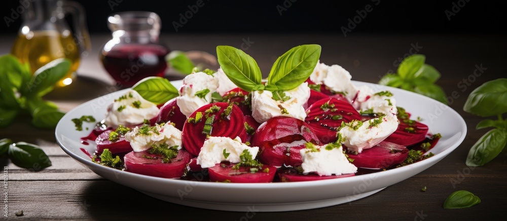 A beet and goat cheese appetizer salad is garnished with basil and drizzled with olive oil