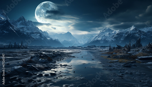 Majestic mountain range reflects moonlight on tranquil frozen landscape generated by AI