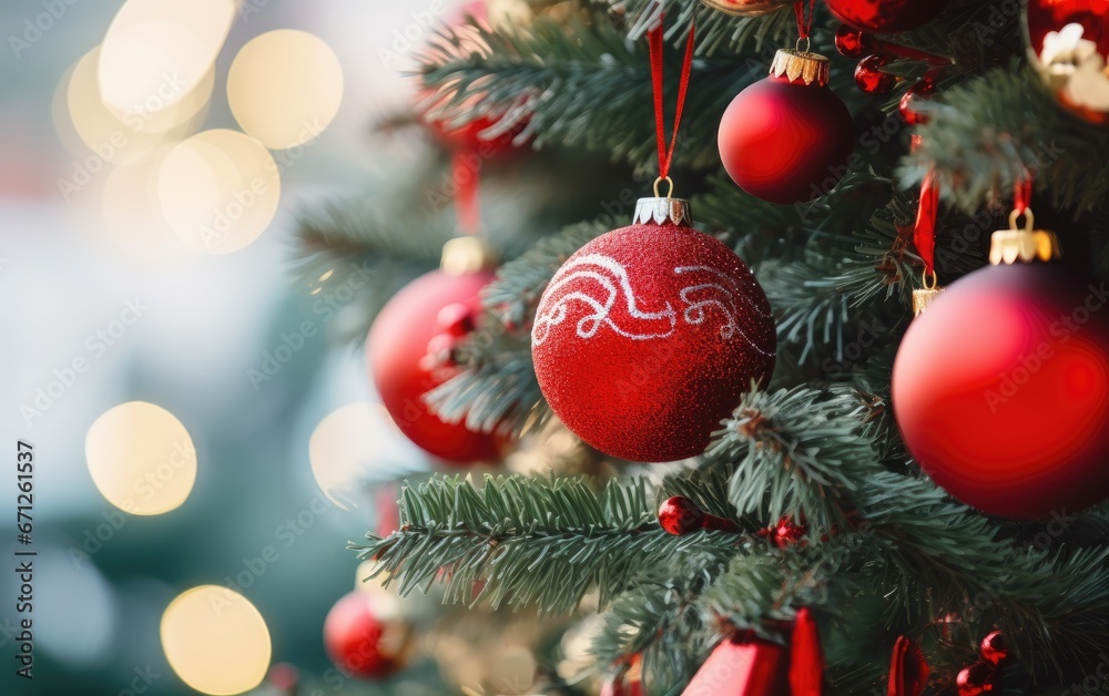 Christmas balls on fir branches, winter snowy backdrop Christmas balls on fir branches, winter snowy backdrop