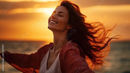  Backlit Portrait of calm happy smiling free woman with open arms and closed eyes enjoys a beautiful moment life on the seashore at sunset generative ai