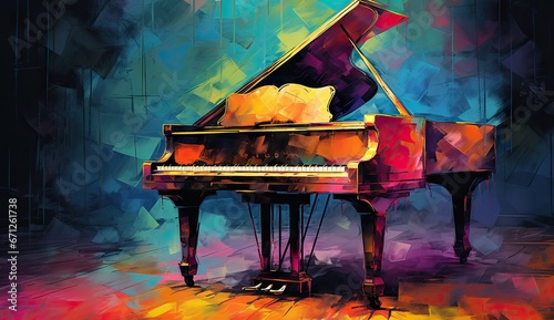 a grand piano with a colorful paint on the background Generative AI